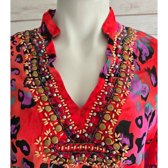 Paradise Orange Red Leopard Print Sheer Cinches Waist Tunic Sz Small - Picture 4 of 8